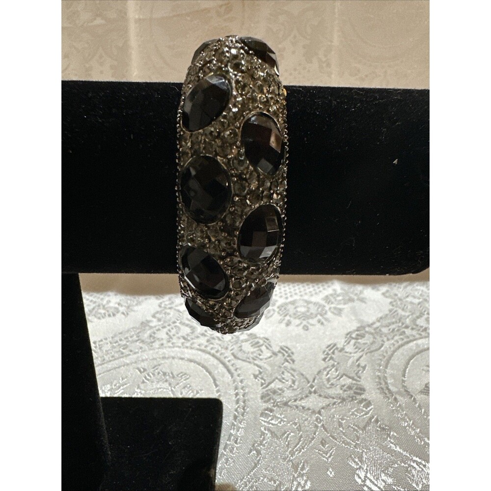 Silver Tone Black Clear Faceted Rhinestones Cuff Bracelet Handcrafted Artisan